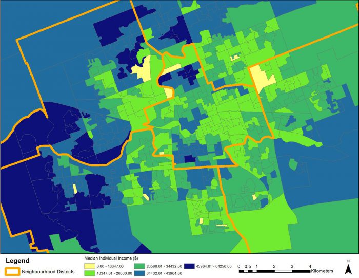 Map of median individual income at the dissemination area level in London, Ontario, Canada