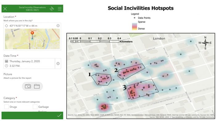 Series of images. On left, a screenshot of a Survey123 form. On the right, a map of social incivility density in Downtown London.