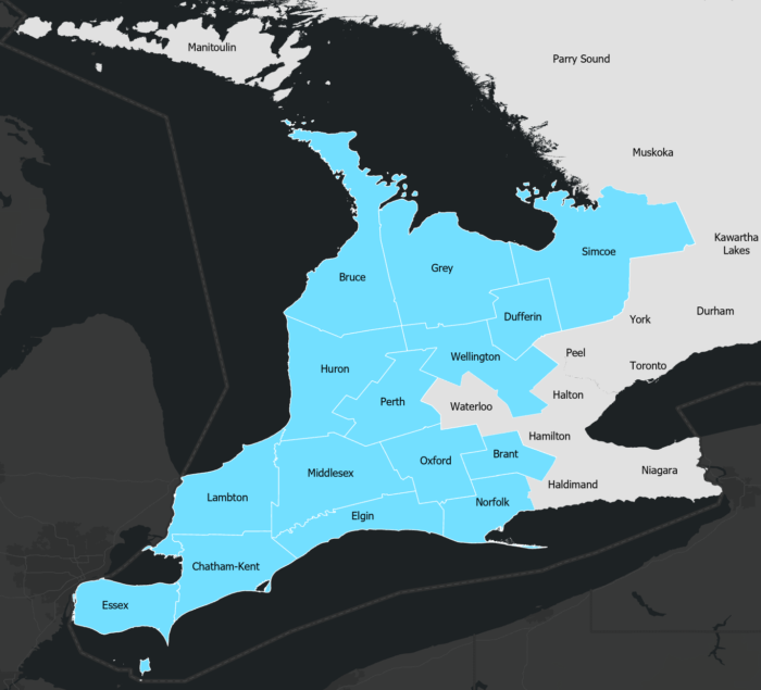 Map of the 15 counties of the Western Ontario Warden's Caucus in Ontario, Canada which includes from West to East: Essex, Chatham-Kent, Lambton, Bruce, Huron, Middlesex, Elgin, Grey, Perth, Oxford, Norfolk, Wellington, Brant, Dufferin, and Simcoe.