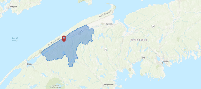 Map showing the boundary of the Annapolis River secondary watershed.