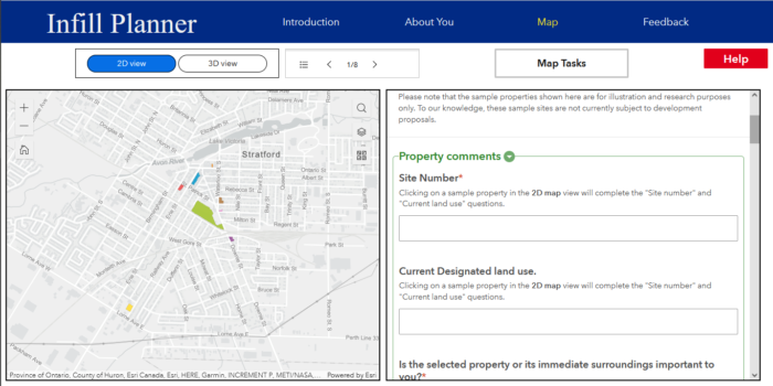 A preview of the Infill Planner app showing a 2D map view with a survey form.