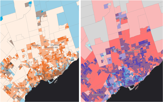 Two maps displayed side-by-side using bivariate colour schemes to compare BIPOC population versus road density.