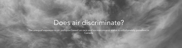 Greyscale image of cloudy sky with the caption "Does Air Discriminate?"