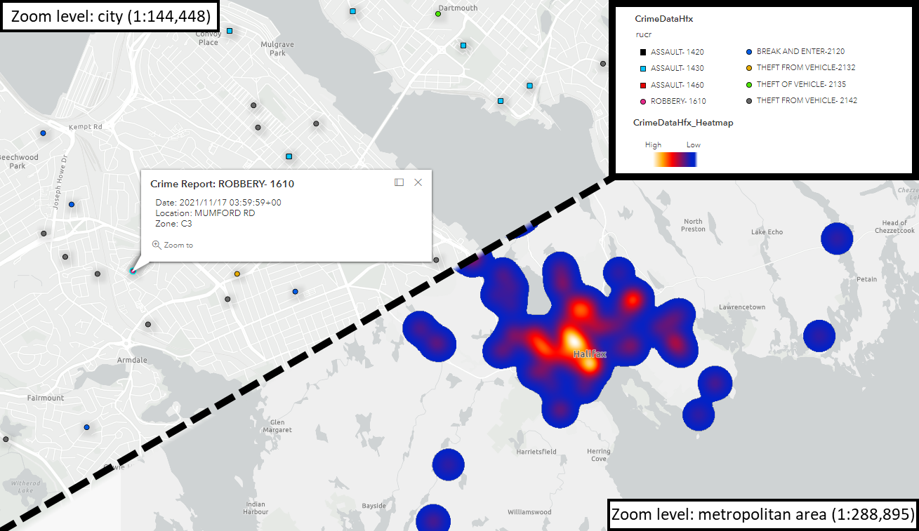 A map showing point features of from crime data split with an alternate view of a heatmap over the Halifax Regional Municipality