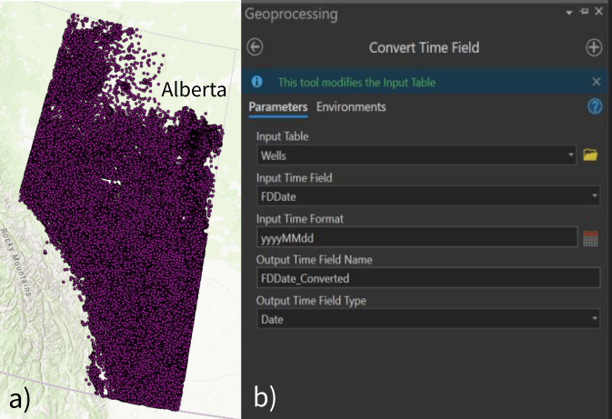 A map of Alberta showing approximately 600,000 points for locations of Oil and Gas producing wells, and a preview of the dialog for the Convert Time Field tool in ArcGIS