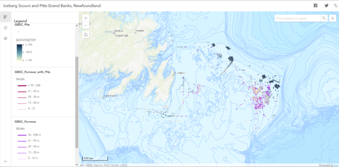 a screenshot of a web app displaying a legend on the left and map on the right showing the Grand Banks off the coast of Newfoundland, and features depicting iceberg furrows and pits.