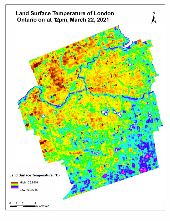 Map displaying results of Land Surface Temperature for London Ontario