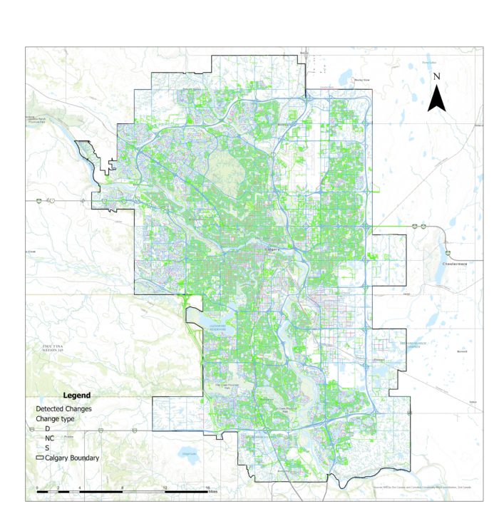 A map showing results of changes detected with the City of Calgary's road network compared to OSM data.