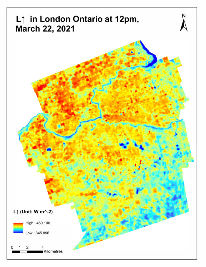 Map displaying results of Outgoing Longwave Radiation for London Ontario