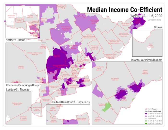 A map showing southern Ontario showing results of a GWR model output showing relationship between median income and mobility relative to pre-pandemic.  Multiple inset maps show smaller regions with differing patterns.