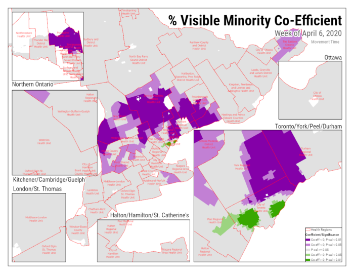 A map showing southern Ontario showing results of a GWR model output showing relationship between minority population and mobility relative to pre-pandemic.  Multiple inset maps show smaller regions with differing patterns.