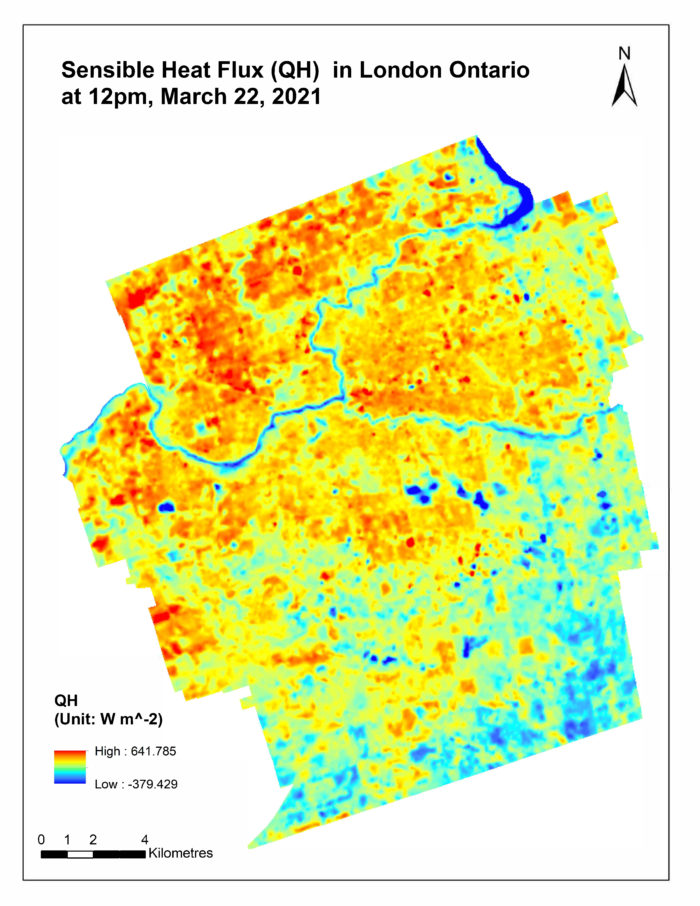 Map displaying results of Sensible Heat Flux for London Ontario