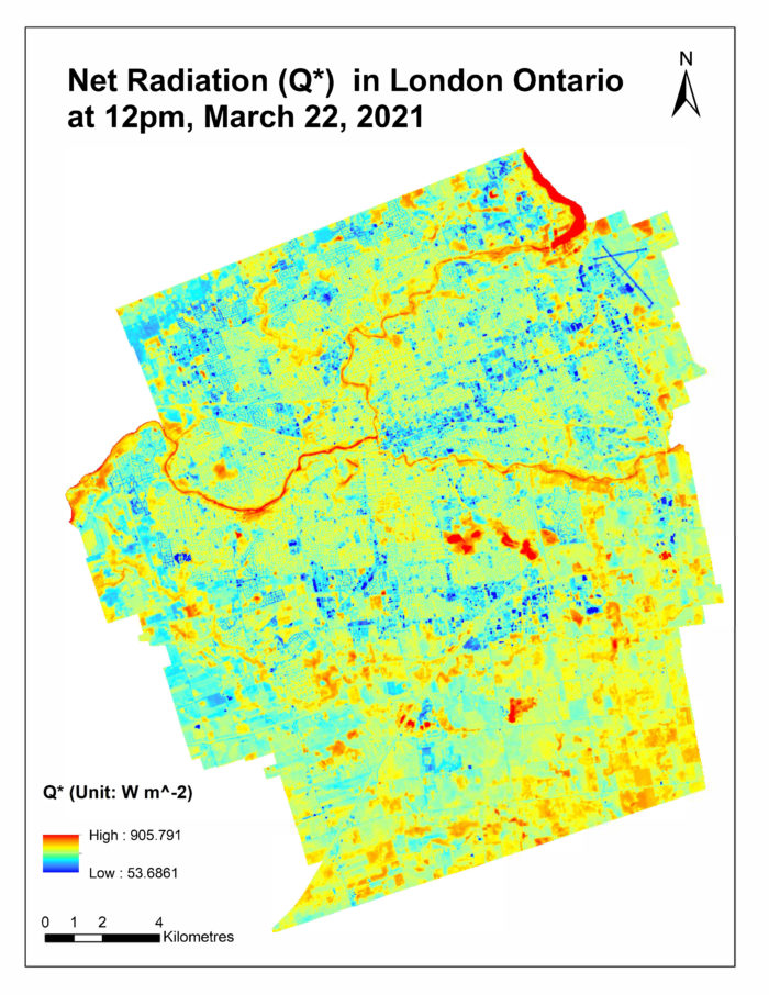 Map displaying results of Net Radiation for London Ontario