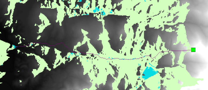 Image showing a digital elevation map with areas highlighted based on suitability for tourism, and a least-cost path line.