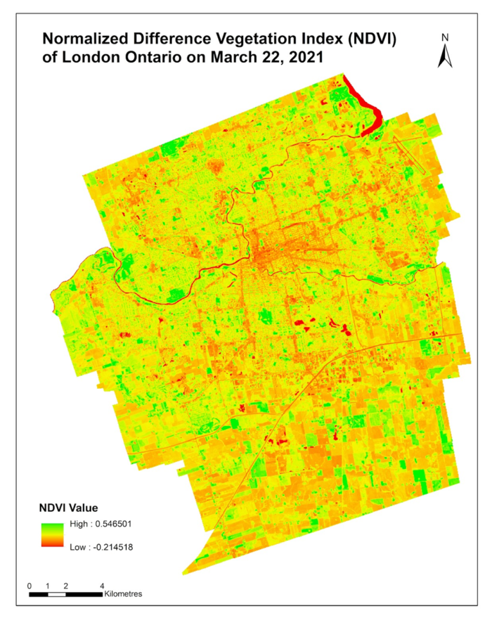 Map displaying NDVI London Ontario