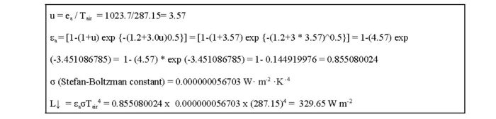 An image showing calculations used to determine incoming longwave radiation.
