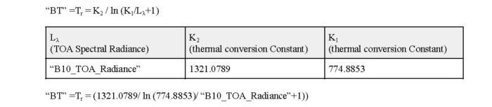 An image with the equation and values used to calculate top of atmosphere brightness temperature.