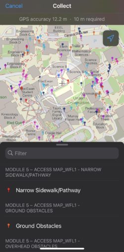 A screenshot of the Field Maps mobile app on an iPhone, ready to collect features for different types of obstacles.