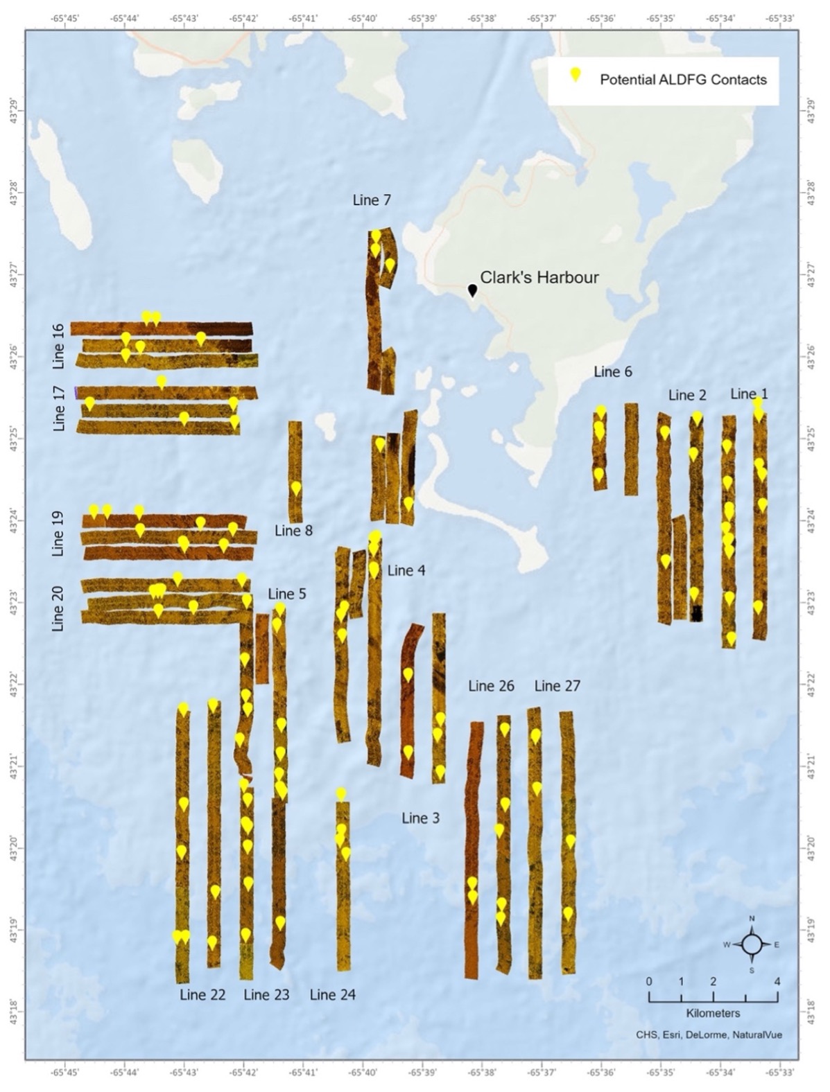 A map showing strips of sonar imagery acquired throughout an area of the shore of Clark's Harbour, NS.  Within each imagery strip, markers indicate locations of potential ALDFG.