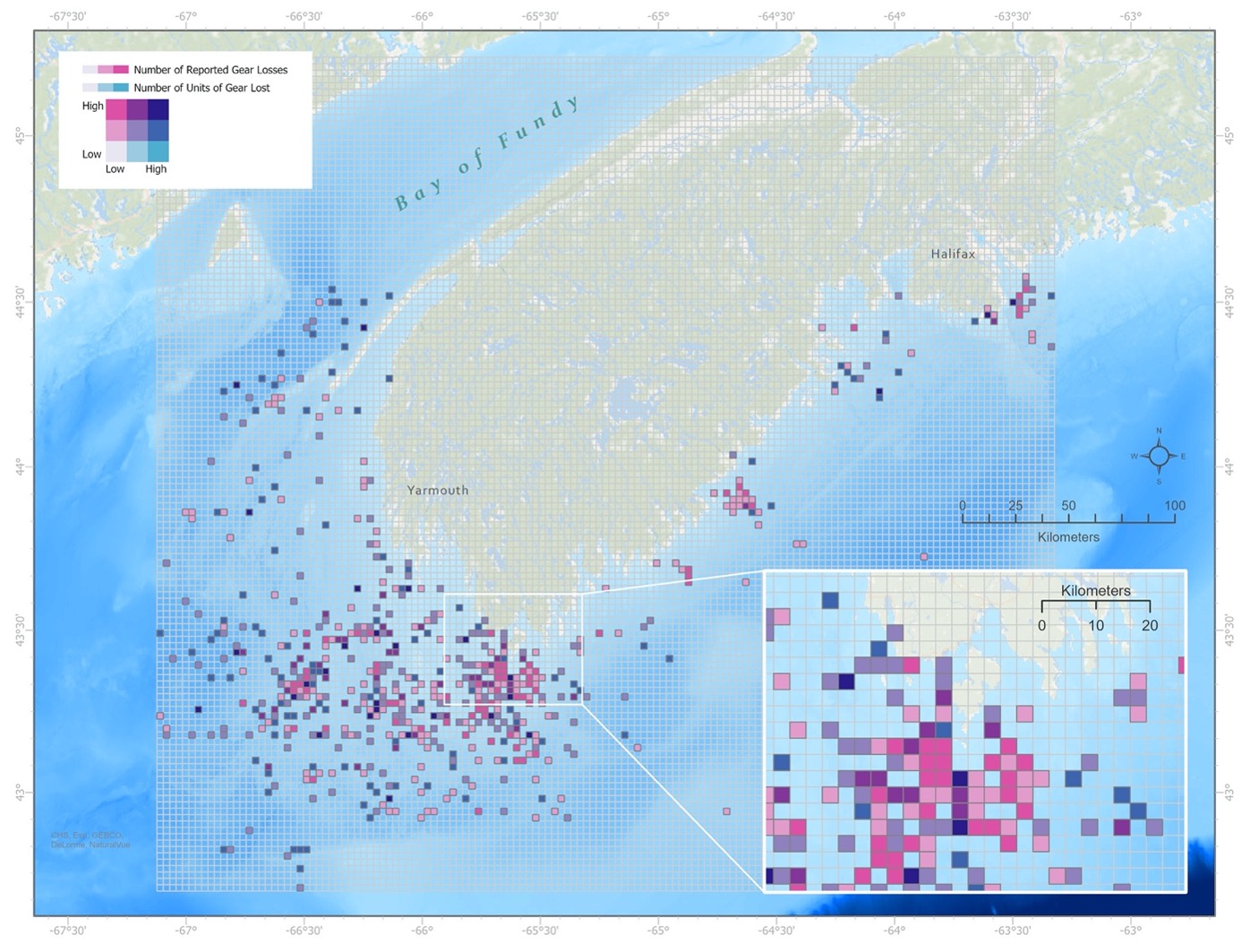 A map showing a grid covering the ocean surrounding Nova Scotia, with cells coloured to reveal areas with high reports of lost gear, and/or existing gear.