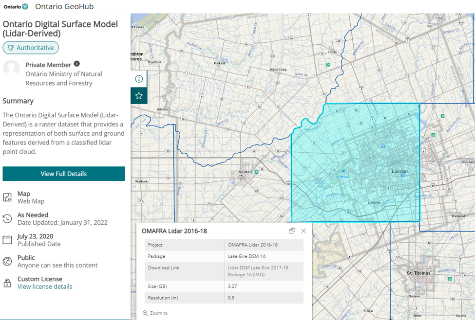 A screenshot of a web map interface for selecting regions in Ontario, and downloading digital surface model datasets.