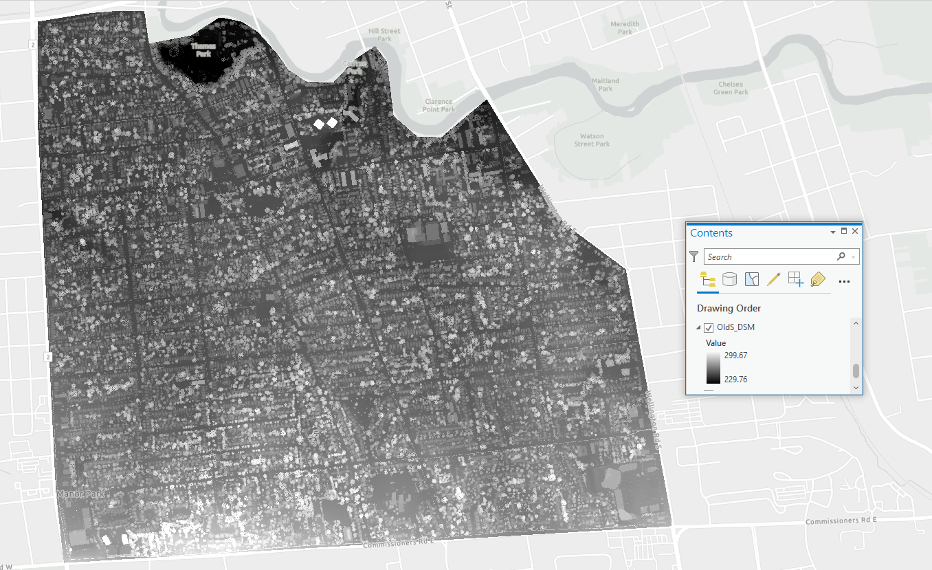 Screenshot of a map displaying the digital surface model extracted for the Old South Neighbourhood in London, Ontario