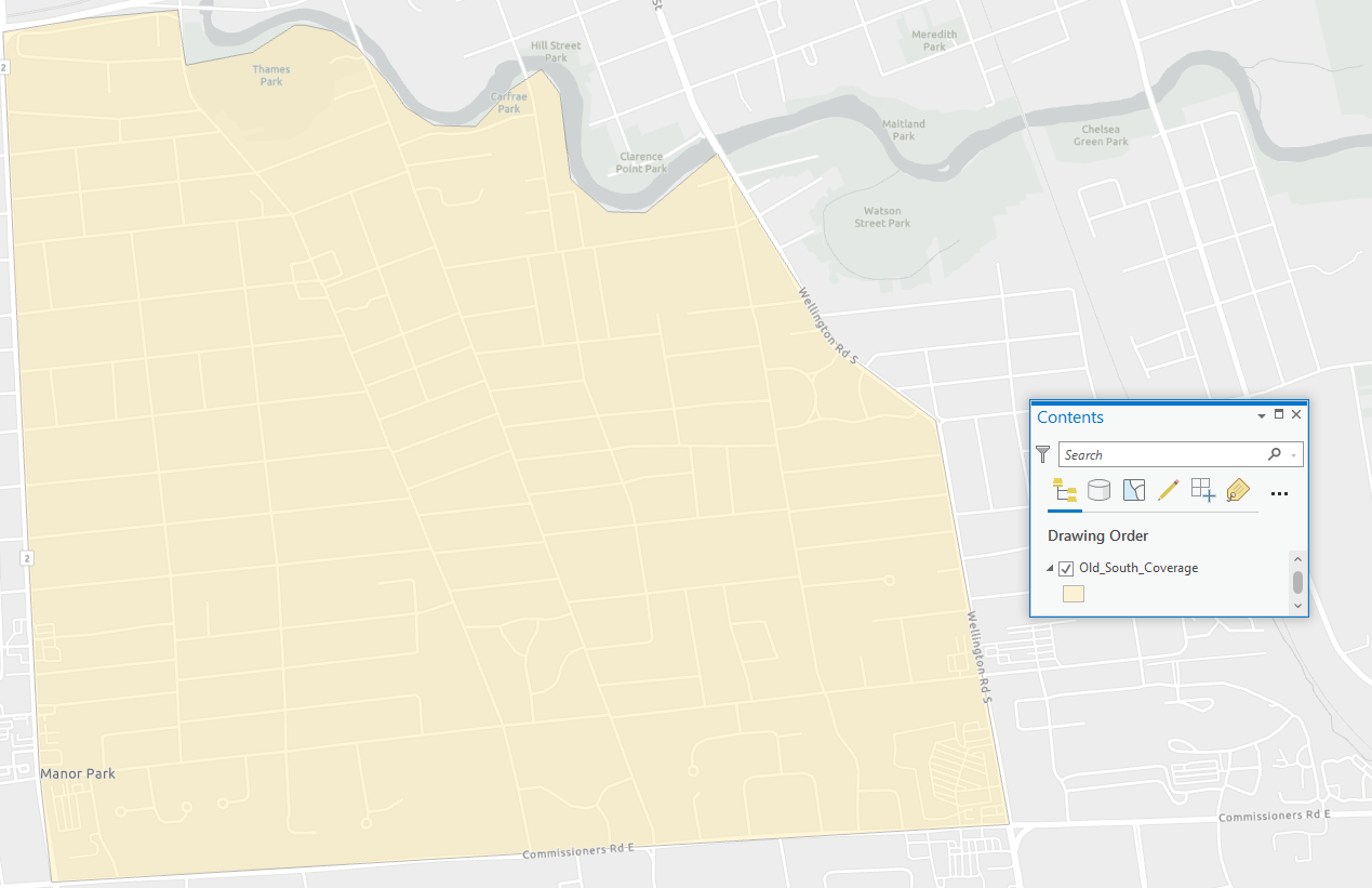 Screenshot of a map with a polygon drawn over the Old South neighbourhood in London, Ontario.