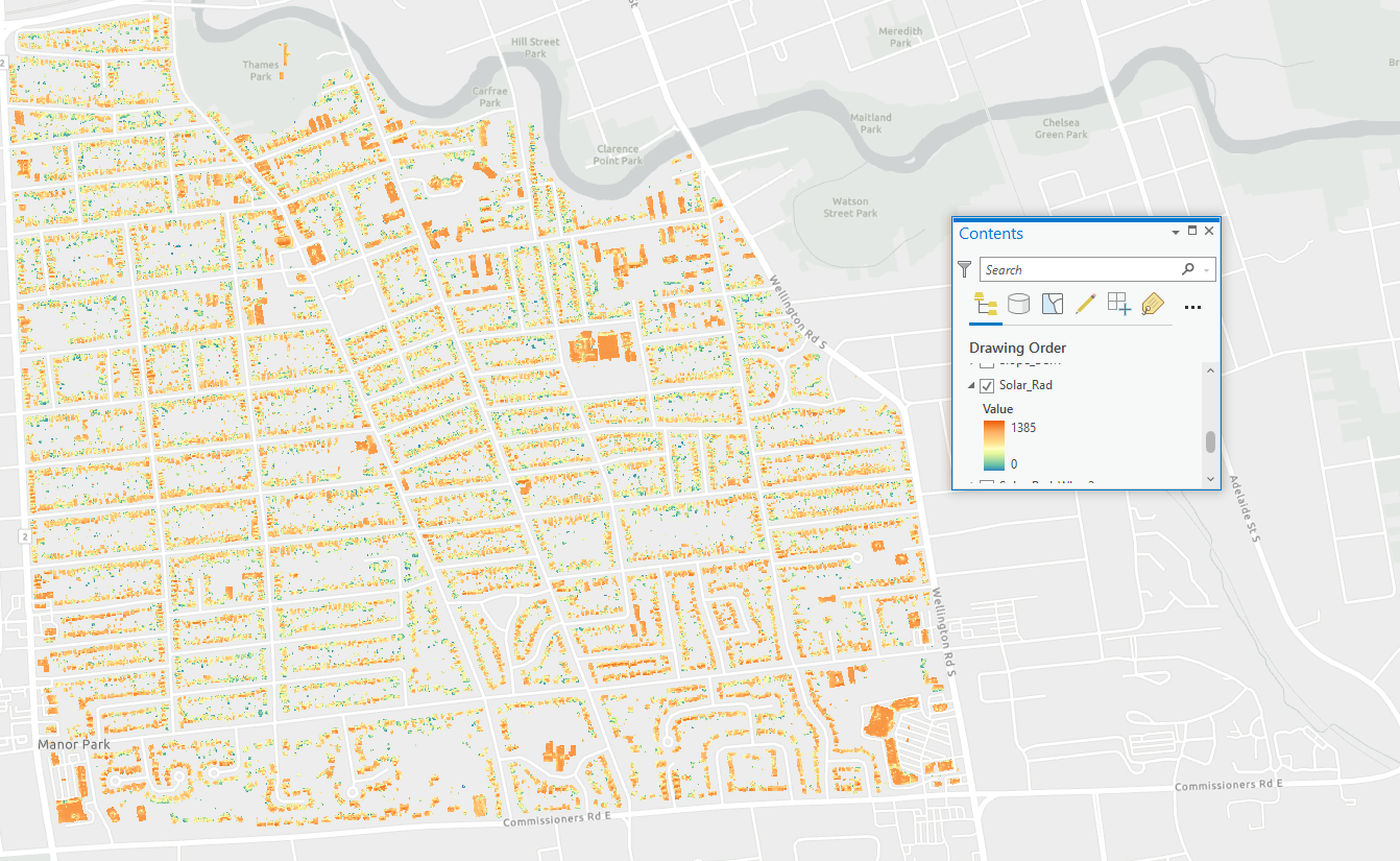 A screenshot of a map showing the building footprints in the Old South Neighbourhood of London Ontario, with different colours indicating higher or lower levels of radiation.