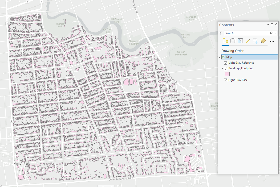 Screenshot of a map displaying building outlines in the Old South Neighbourhood in London, Ontario