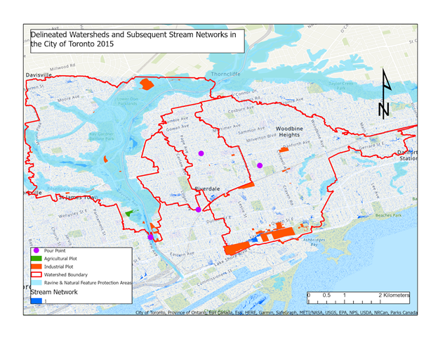 A map showing delineated watersheds and sbubsequent stream networks in the City of Toronto, 2015