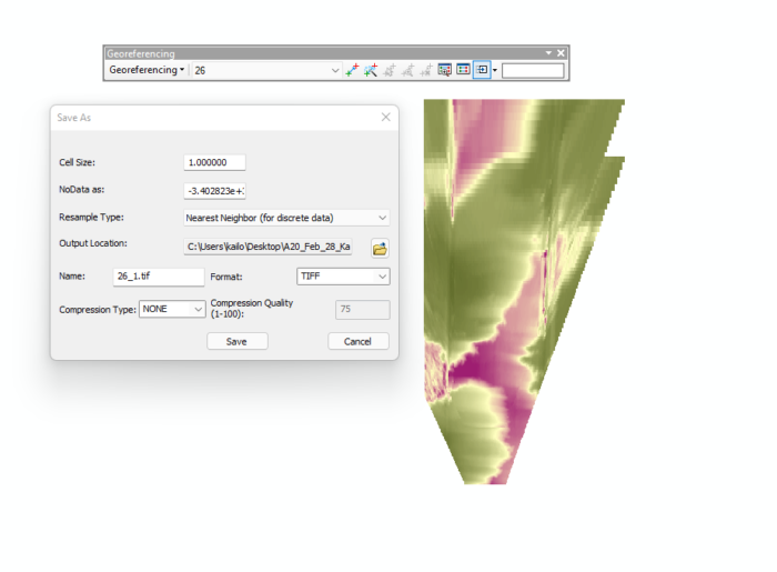 A screenshot of ArcGIS showing a sample raster, the Geoprocessing toolbar in ArcMap, and the dialog presented when saving a TIFF image as output.