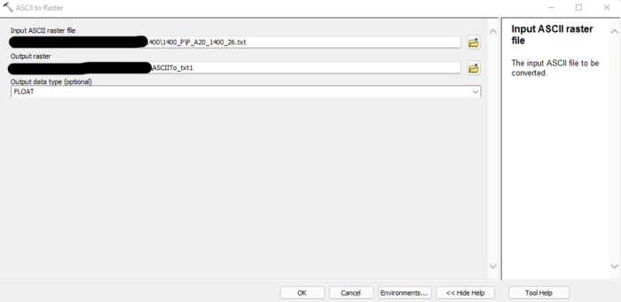 A preview of the ASCII to Raster geoprocessing tool with input/output parameters specified.