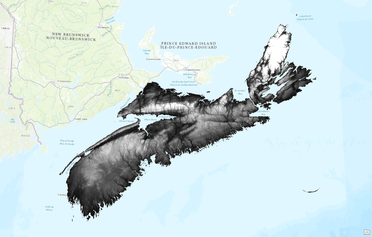 A map of Nova Scotia showing the Digital Elevation Model.