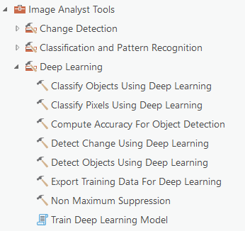 A screenshot showing the Deep Learning tools listed within the Image Analyst toolbox available in ArcGIS Pro.