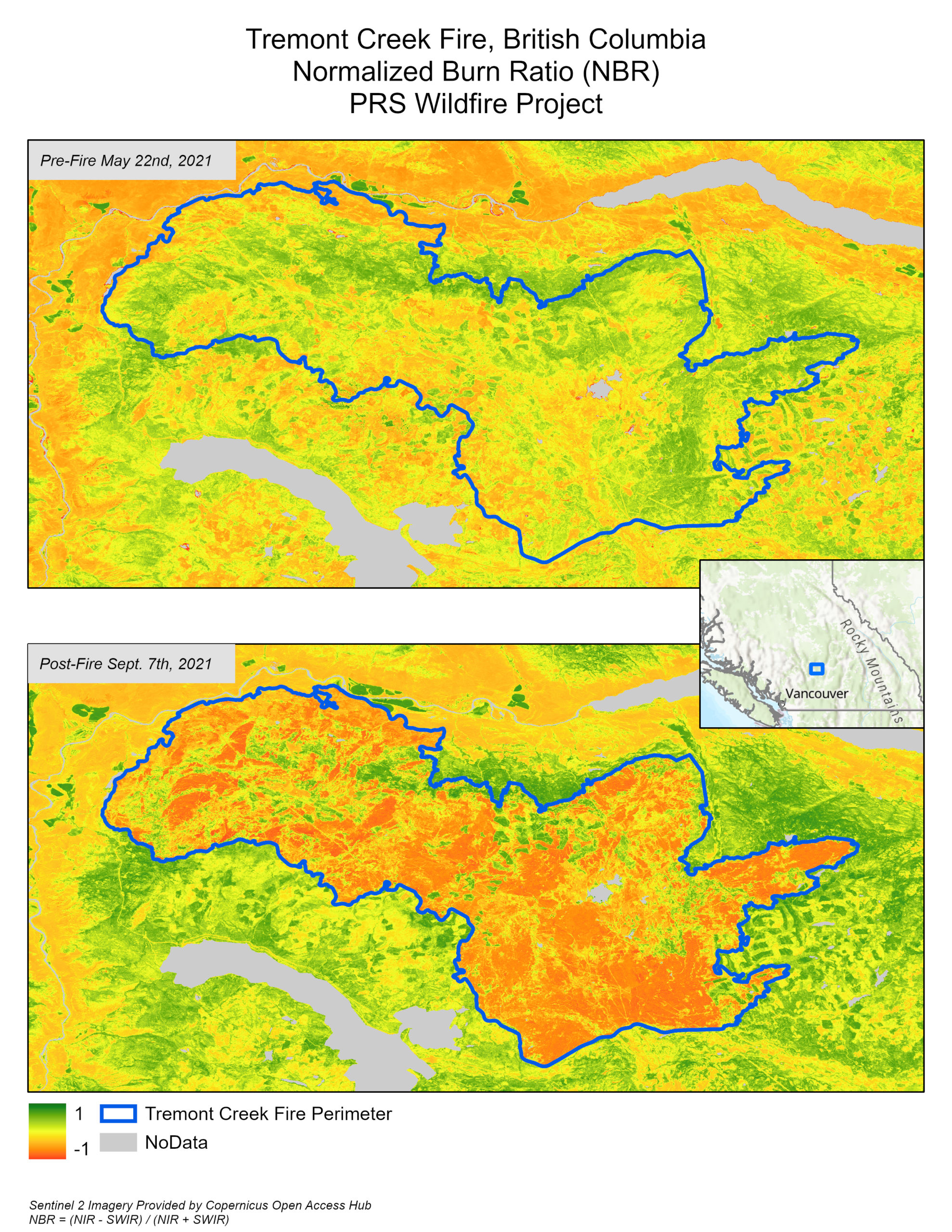 NBR raster images for the pre and post-fire images for the Treemont Creek Fire in BC in 2021