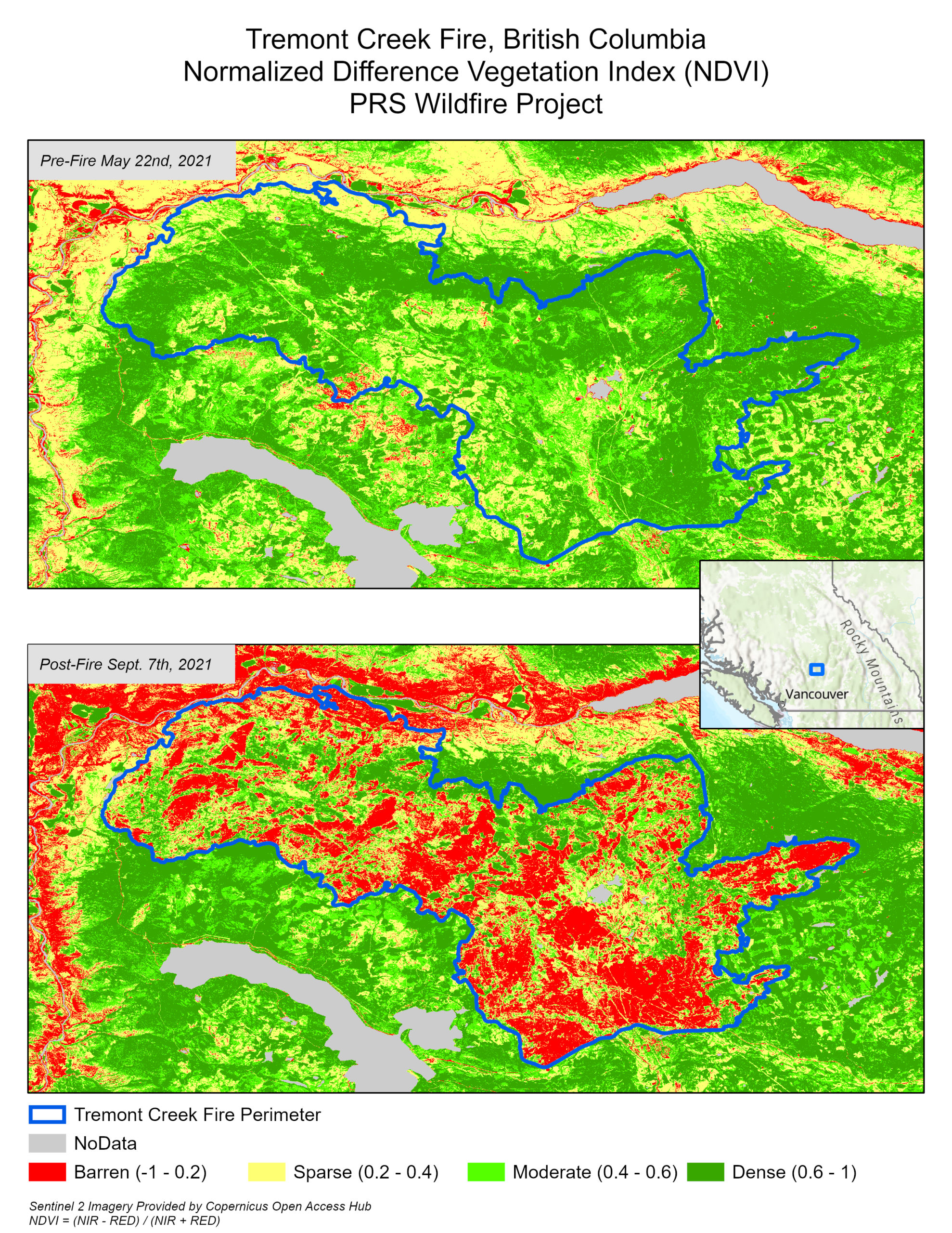NDVI raster images for the pre and post-fire images for the Treemont Creek Fire in BC in 2021