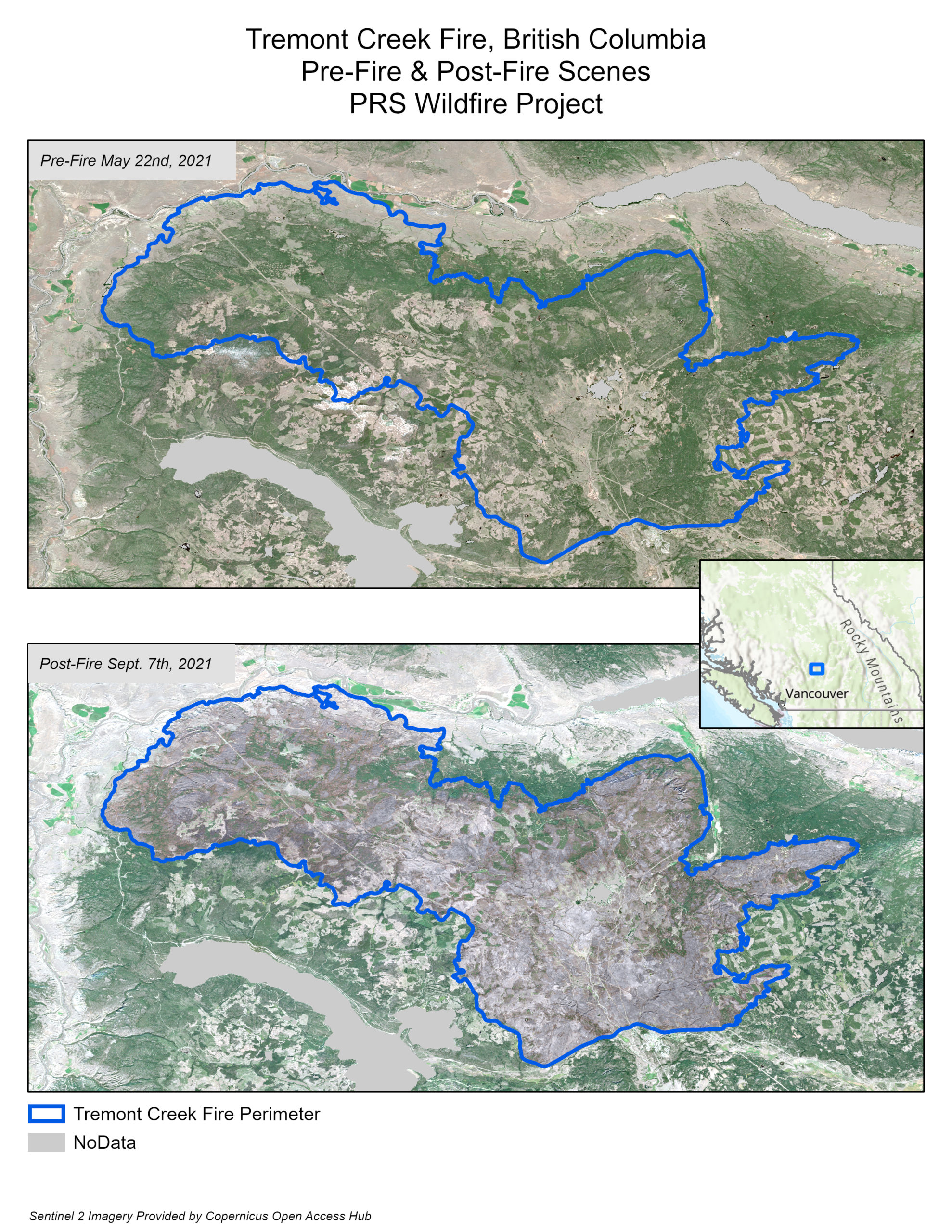 Pre and post-fire images from the the Tremont Creek Fire in BC in 2021