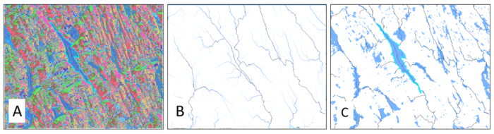 A series of three raster maps showing flow direction classification, flow accumulation output, and stream definition/lake polygons.