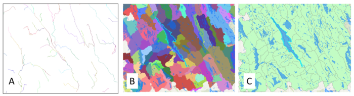 A series of three maps showing the outputs from stream segmentation, catchment grid delineation (with areas classified into different sub-catchments), and sub-catchment polygon boundaries in a map showing the lakes within the catchments.