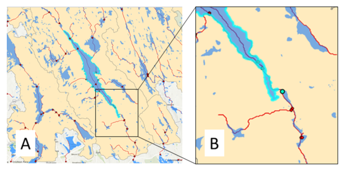 Two maps, one showing a zoomed-in subset of the first, displaying the results of the drain point analysis, identifying the locations where each sub-catchment drains to.