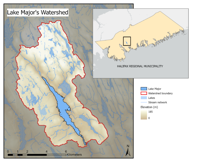 A map (with overview inset map) showing Lake Major, with its catchment boundary.