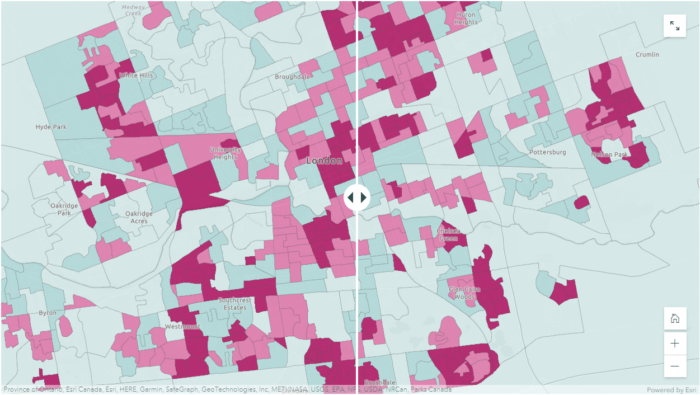 The swipe tool showing changes in population density between 2016 and 2021.