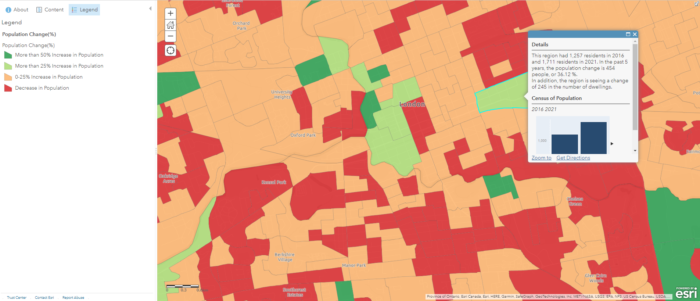 A map of population change in London, Ontario.