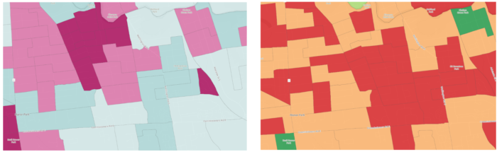 A comparison of a population density and a population growth map for the same neighbourhood.