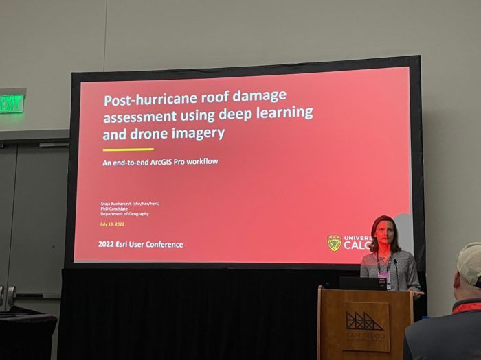 Presenting my research at a session titled “Hurricane Response and Recovery with GIS”